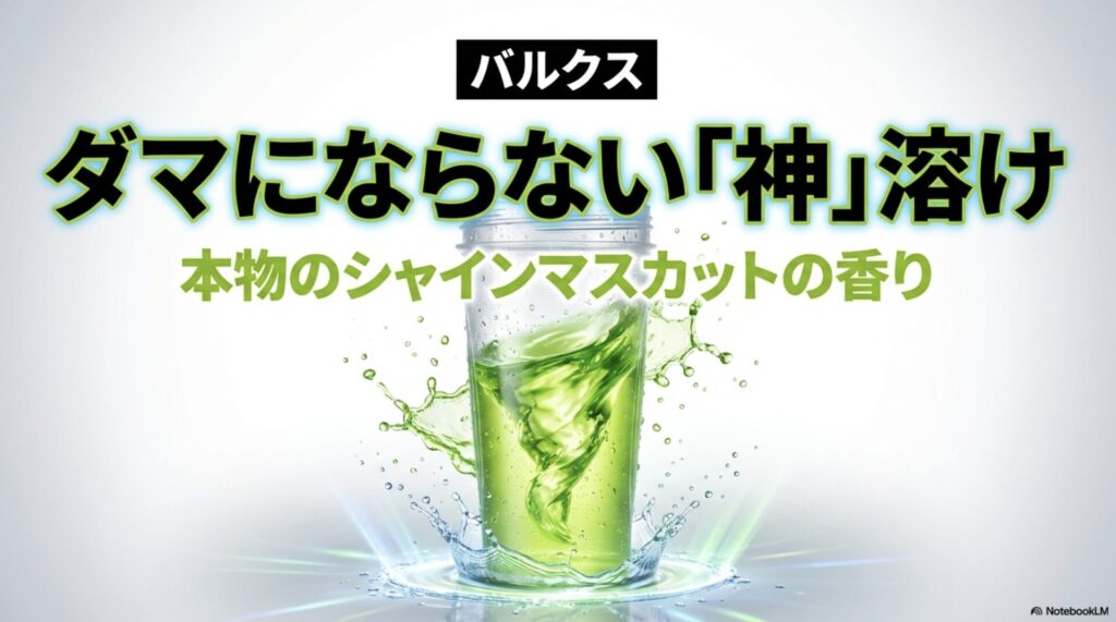 バルクスのプロテインはダマにならない神溶けと本物のシャインマスカットの香りが特徴と伝えるスライド