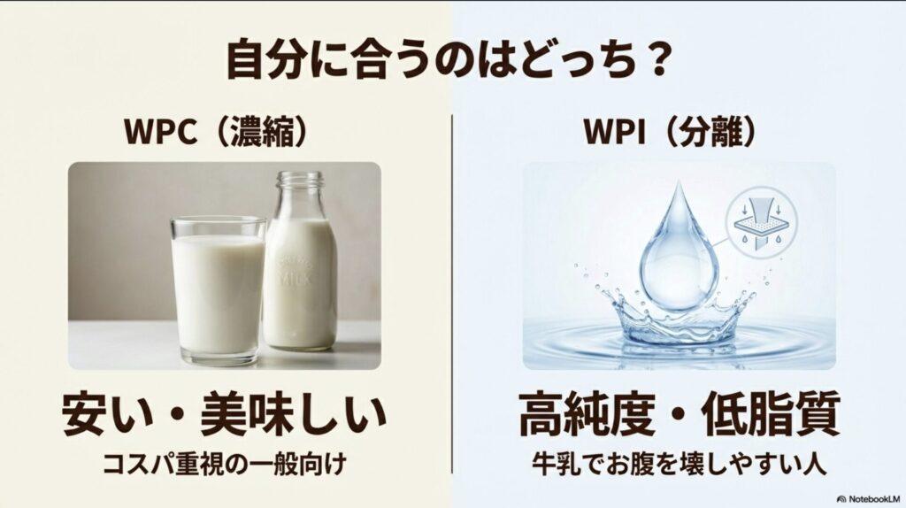 コスパ重視のWPCと、高純度で牛乳でお腹を壊しやすい人向けのWPIの違いを解説するスライド。