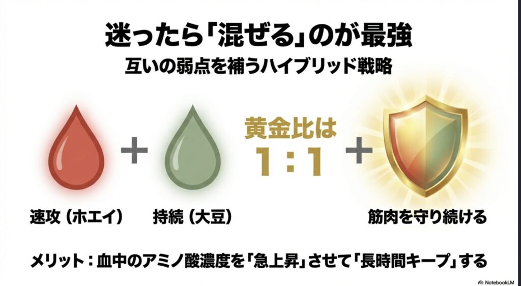 ホエイと大豆を1対1で混ぜることで、血中のアミノ酸濃度を急上昇させ長時間キープする仕組みの図解