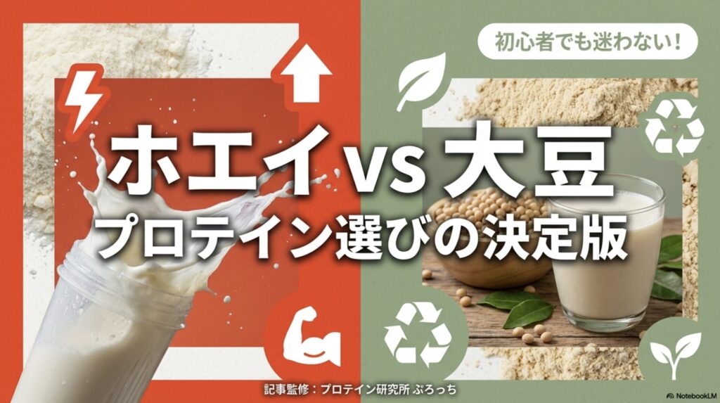 初心者でも迷わない、ホエイプロテインと大豆プロテインの選び方を比較解説するスライドの表紙