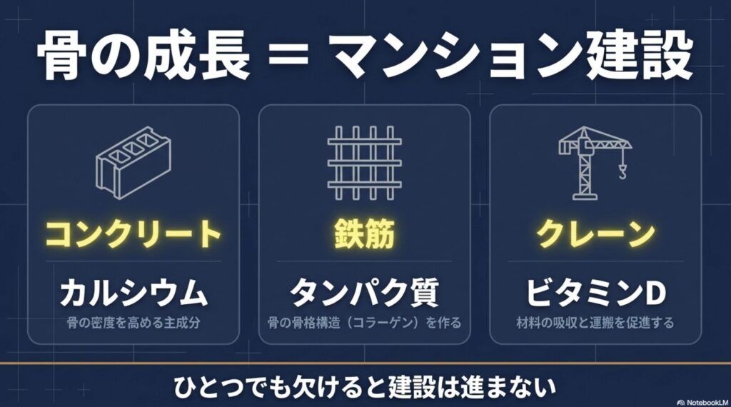 骨の成長をマンション建設に例えたカルシウム・タンパク質・ビタミンDの図解