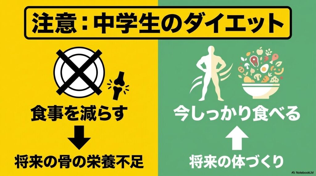 中学生のダイエットが骨の成長に与える影響を注意喚起する図