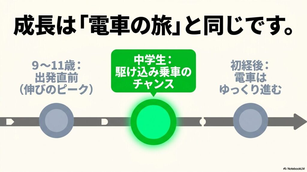 成長を電車の旅にたとえた身長が伸びるタイミングの図解