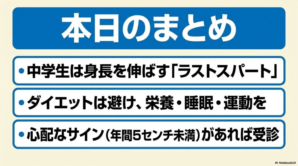 記事のまとめ:ラストスパート・ダイエット回避・受診サインのポイント