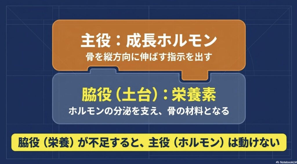 成長ホルモンが主役、栄養素が土台であることを示す図
