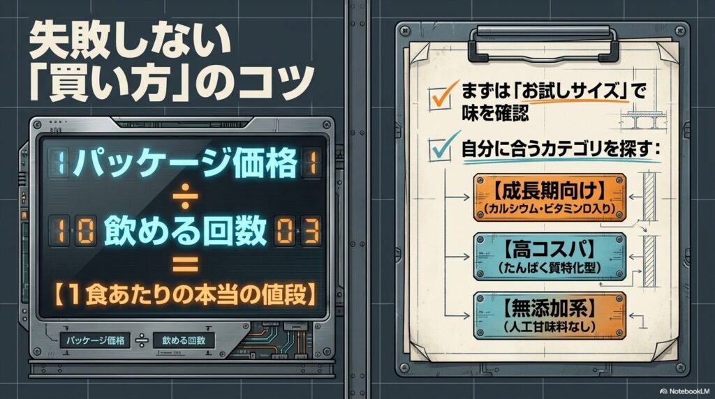 1食あたりの本当の値段を計算する買い方のコツを示す図