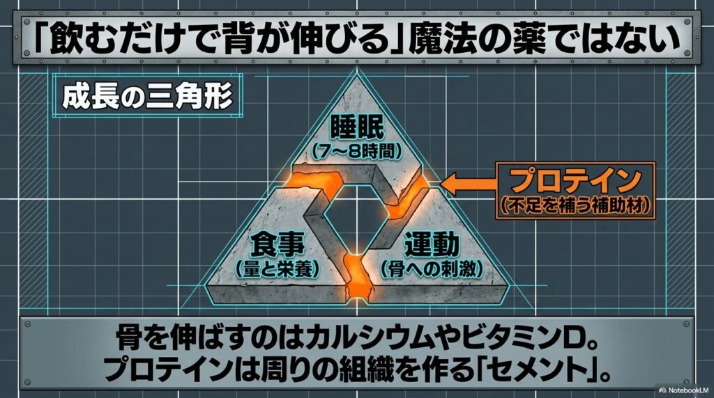 プロテインだけでなく食事・睡眠・運動が揃って成長につながることを示す図