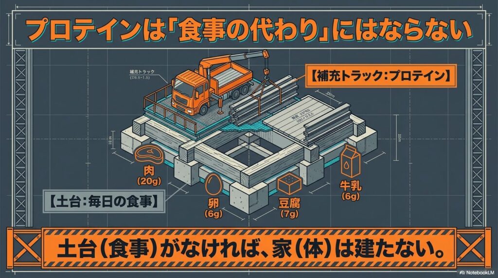 プロテインは食事の代わりにならず補助であることを示す図