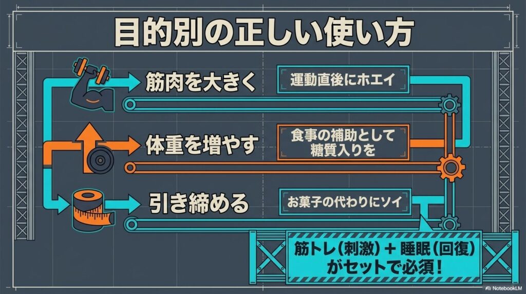 筋肉を大きくする・体重を増やす・引き締める目的別の使い方を示す図