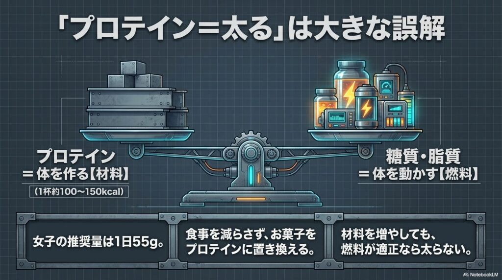 プロテインが太る原因という誤解を解説する図