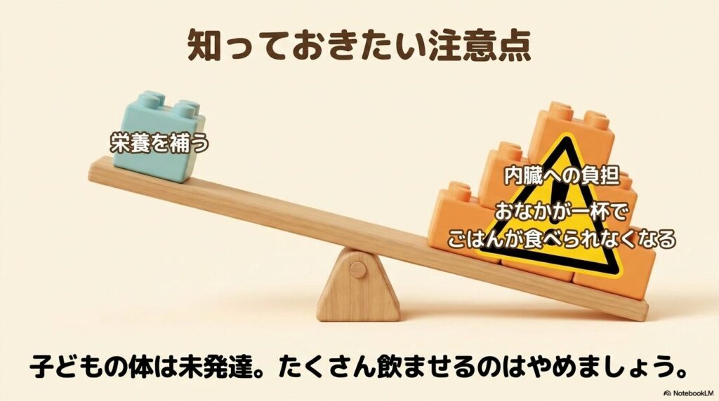 栄養を補う効果と内臓への負担などの注意点を比較したシーソー図