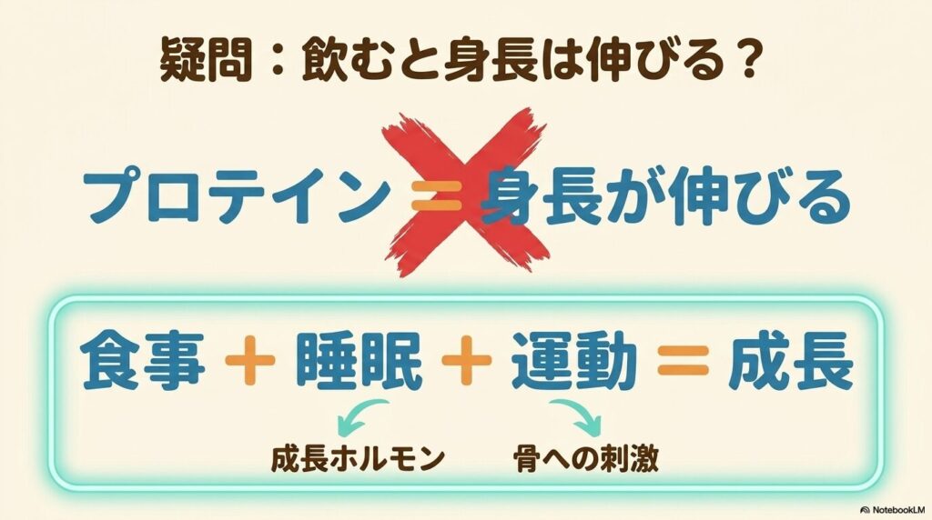 プロテインだけでなく食事・睡眠・運動が揃って成長につながることを示す図