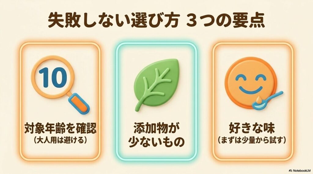 対象年齢・添加物・味という選び方3つのポイントを示す図