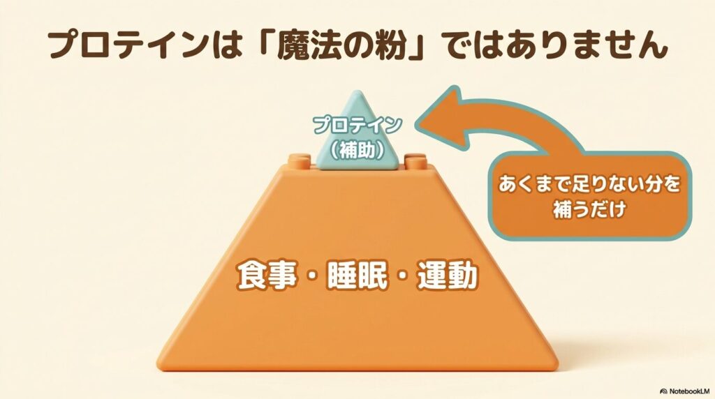 プロテインはあくまで補助であり食事・睡眠・運動が土台であることを示す図