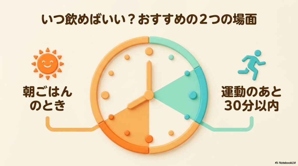 プロテインを飲むおすすめのタイミング(朝食時・運動後)を示す図