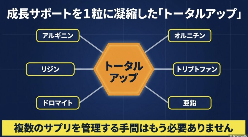トータルアップに含まれる6つの成長サポート成分の図解